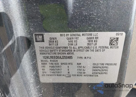 2010 Chevrolet Traverse Ls z USA, uszkodzony, nr VIN 1GNLREED6AJ250485